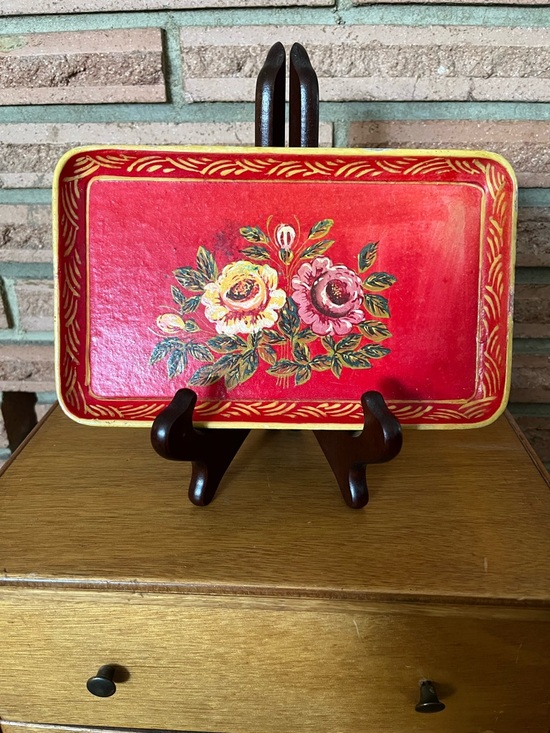 Vintage Other - 🍁🌟VTG 1945-1952 Occupied Japan Red Floral Paper Mache Tray